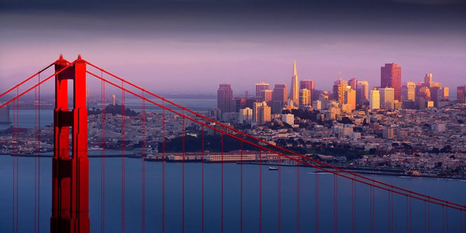 San Francisco skyline in the distance behind the Golden Gate Bridge.