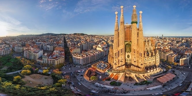 Arial view of La Sagrada Familia in Barcelona, Spain.