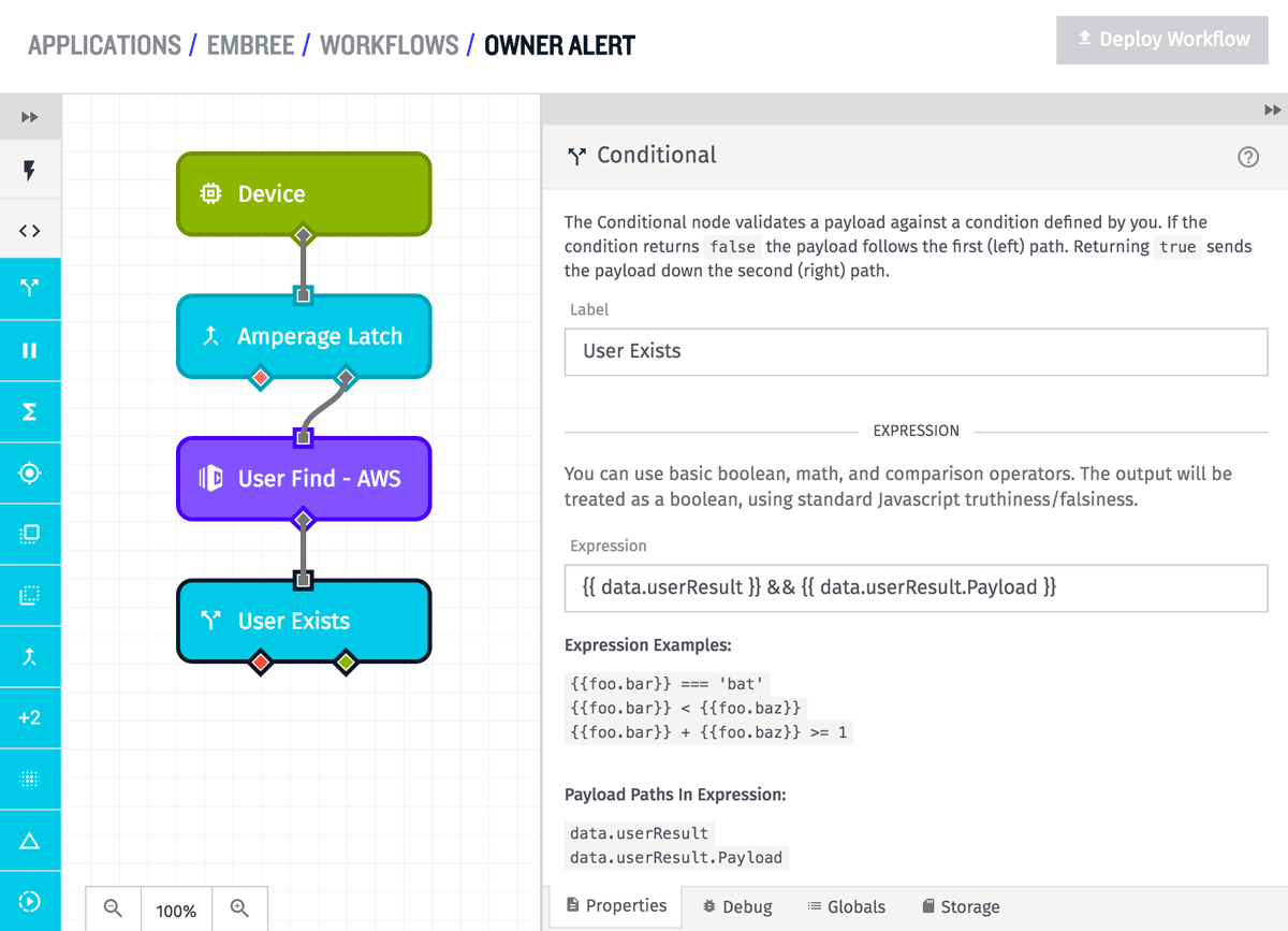 Owner Alert workflow with User Exists Conditional node in Losant IoT platform.