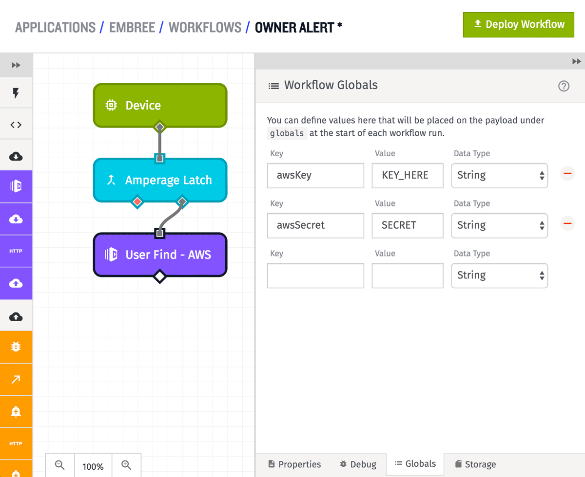 Owner Alert Workflow Globals with AWS Lambda node in Losant IoT platform.