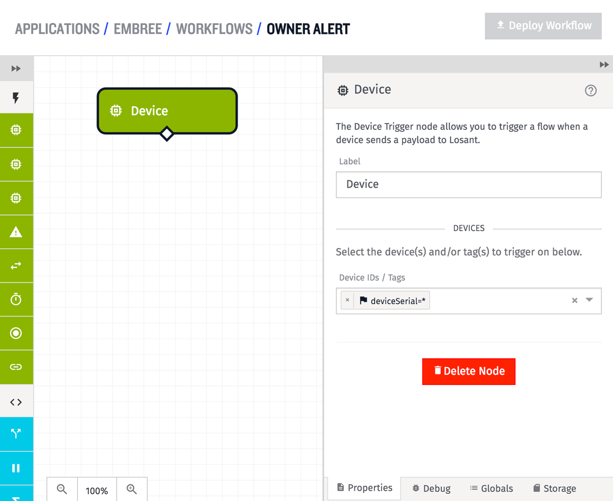 Owner Alert workflow with a Device trigger node in Losant IoT platform.