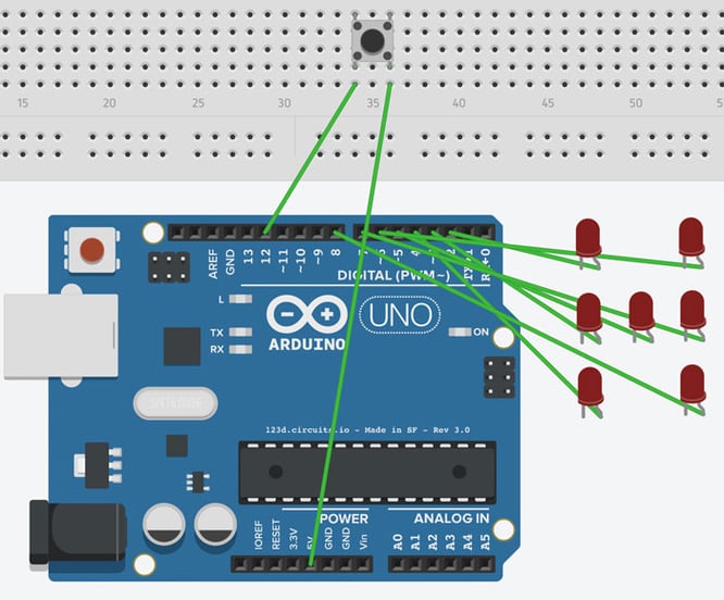 Arduino Uno wiring diagram showing the connections of seven LEDs and a button without the grounds.