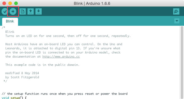 Blink | Arduino 1.6.6 window on MacBook with blink code.