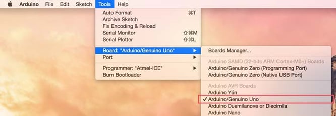 Arduino Board Menu on MacBook.