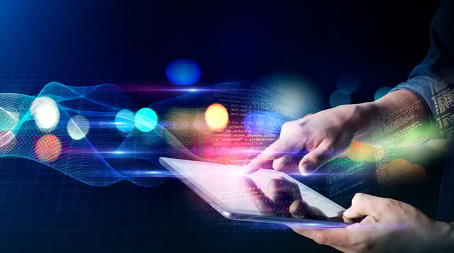 man-using-tablet-surfing-internet-with-futuristic-background