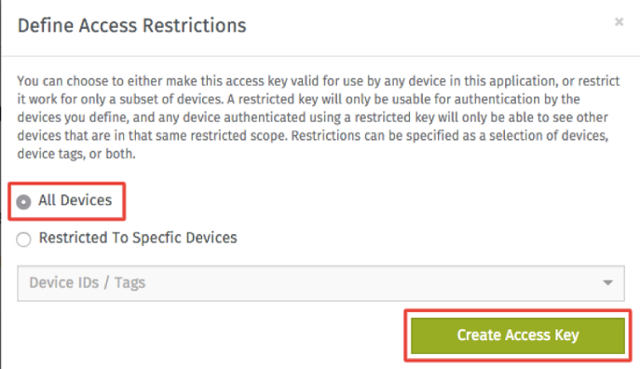 Define Access Restrictions window when creating an Access Key in Losant IoT platform.