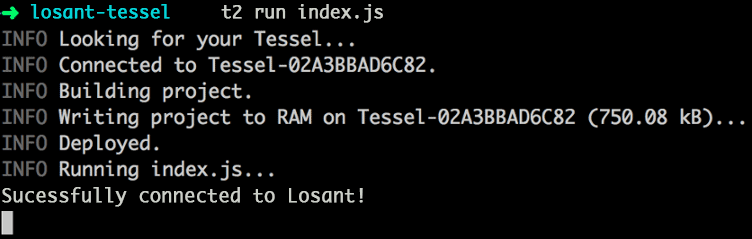 Connection code for losant-tessel t2 run index.js.