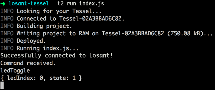 Command code losant-tessel t2 run index.js.