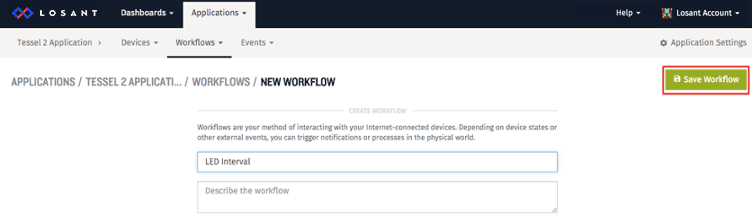 New Workflow application in Losant IoT platform.