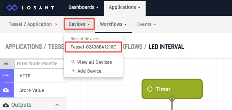 Recent Devices Tessel-02A38B41216C in Losant IoT platform.