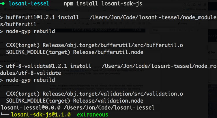 Local workspace code mpm install losant-sdk-js.