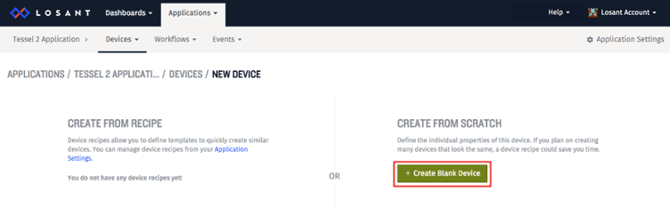 Create Blank Device button in Losant IoT platform.