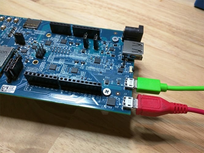 Intel Edison with USB data and USB serial plugged in.