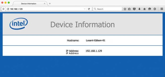 Intel Edison browser with the Device Information of Hostname and IP Address.