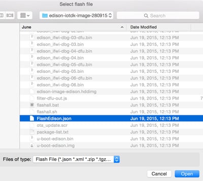 Select flash file menu for extracted firmware with a highlighted file named FlashEdison.json.