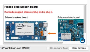 Menu asking to plug in Edison board showing the Edison Breakout Board and Edison Arduino Board.