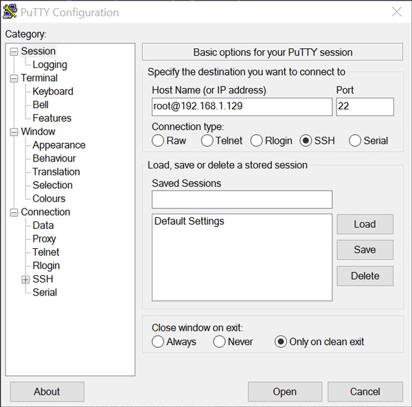 PuTTY Configuration menu for Intel Edison on Windows.