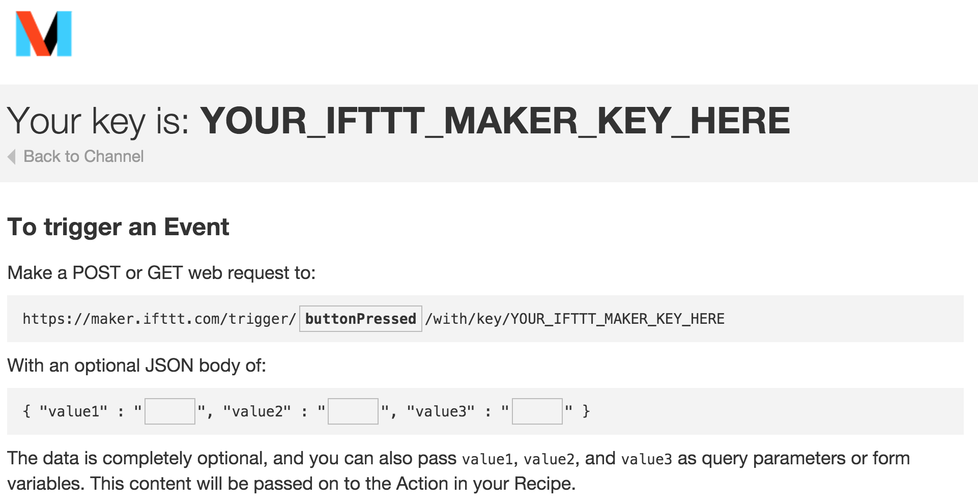 IFTTT Maker Channel trigger information.