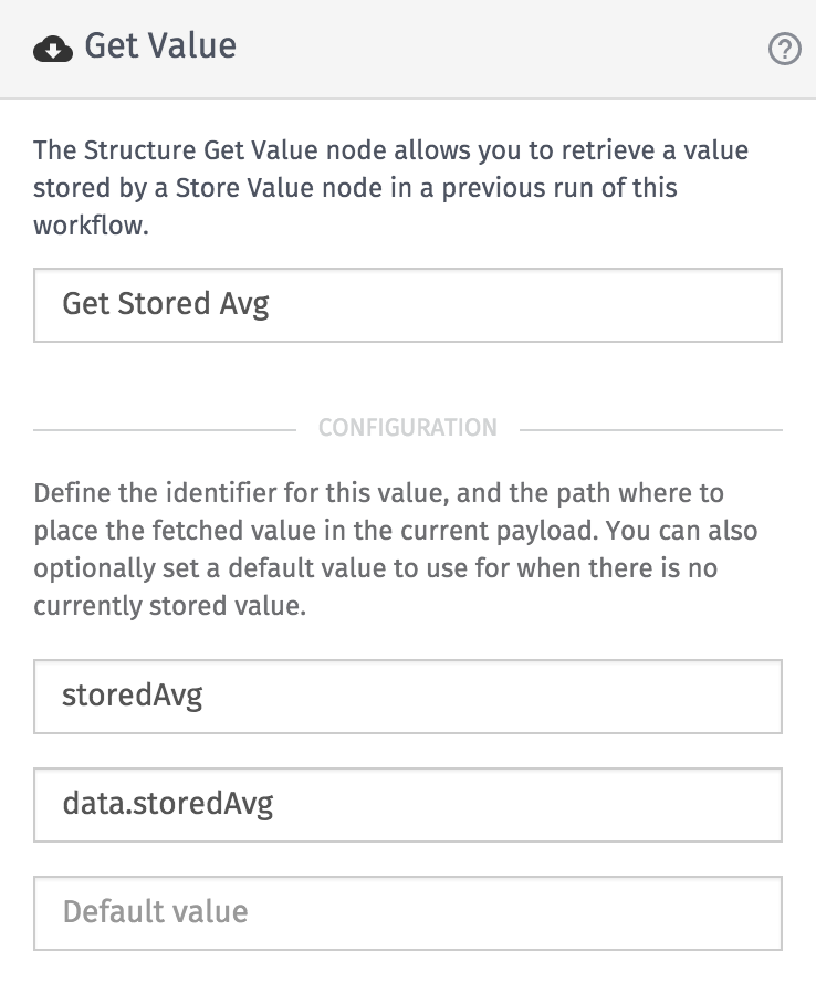 Rolling Average workflow Get Value node and storedAvg configuration.