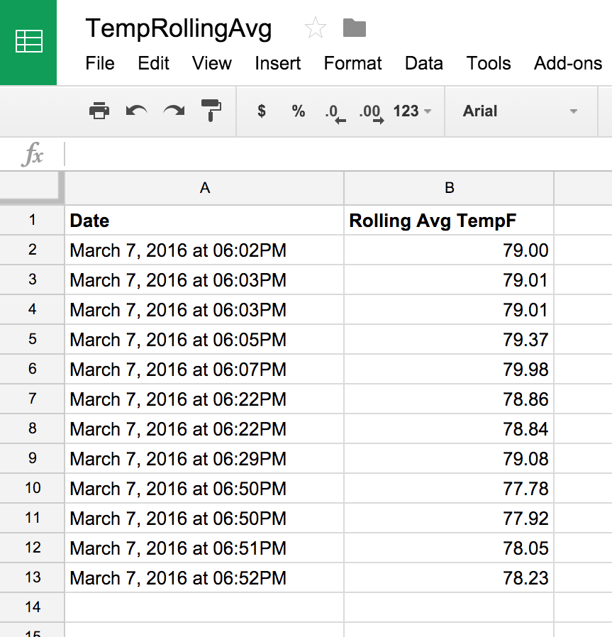 Google Sheets spreadsheet for Rolling Average Temperature in Fahrenheit with dates.