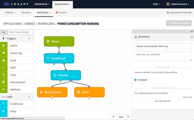 Workflow within Losant IoT platform for Power Consumption Warning.