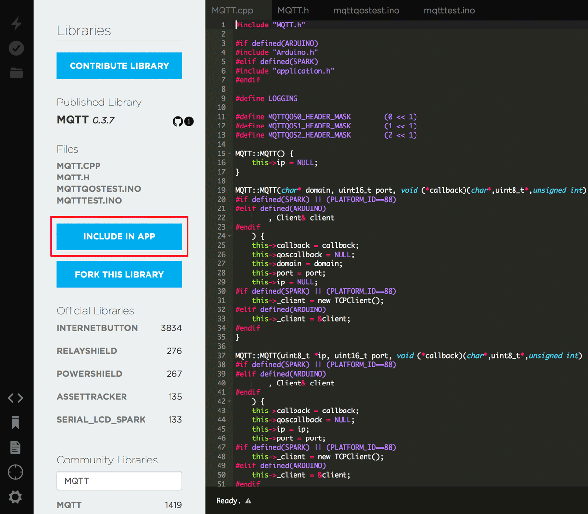 Window within Losant Libraries with code and an option to Include In App.