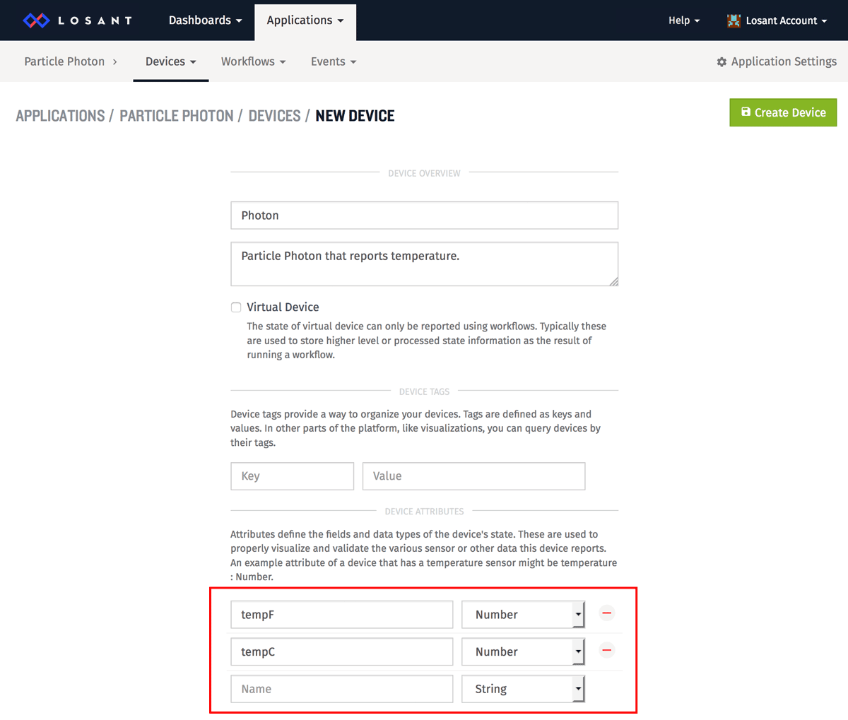 New Device form within the Applications tab of the Losant IoT platform.