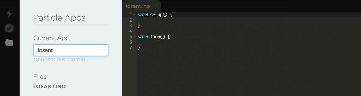 A new particle app titled Losant with code to the right.