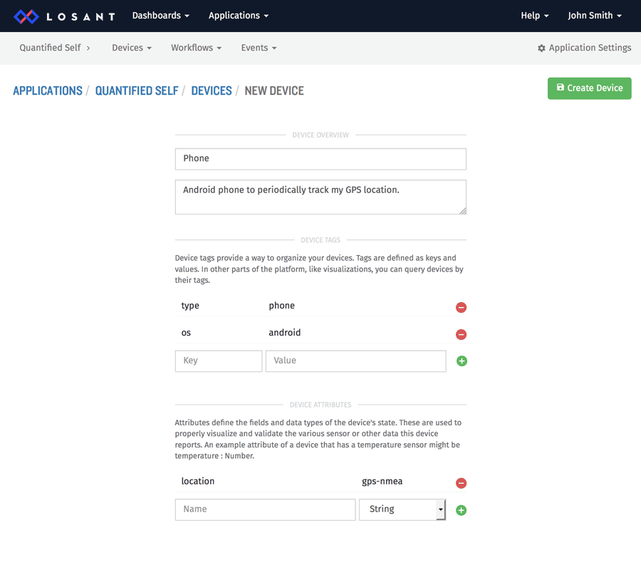 Form for adding a New Device in the Losant IoT platform.