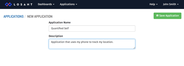 Form for creating a New Application in the Losant IoT platform.