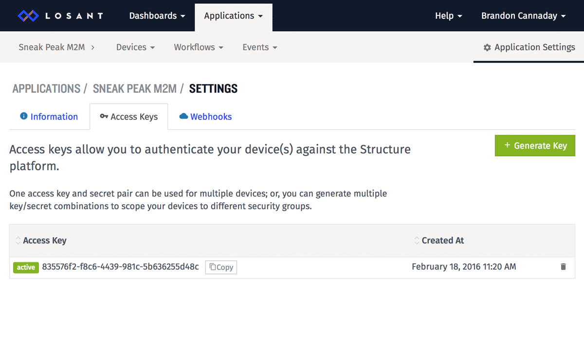 Application settings page within Losant IoT platform with a green Generate Key button.