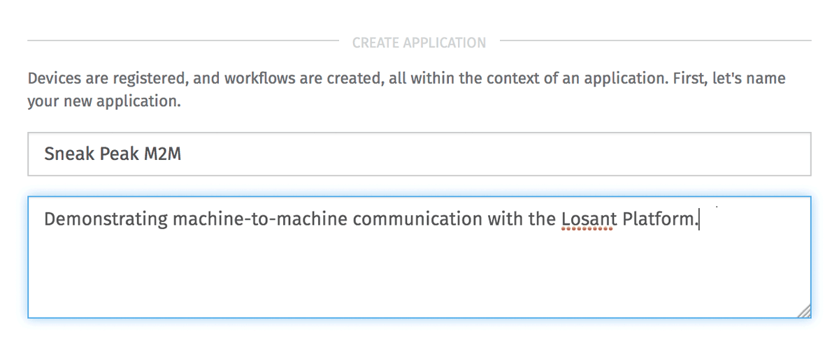 Create Application form within Losant IoT platform.