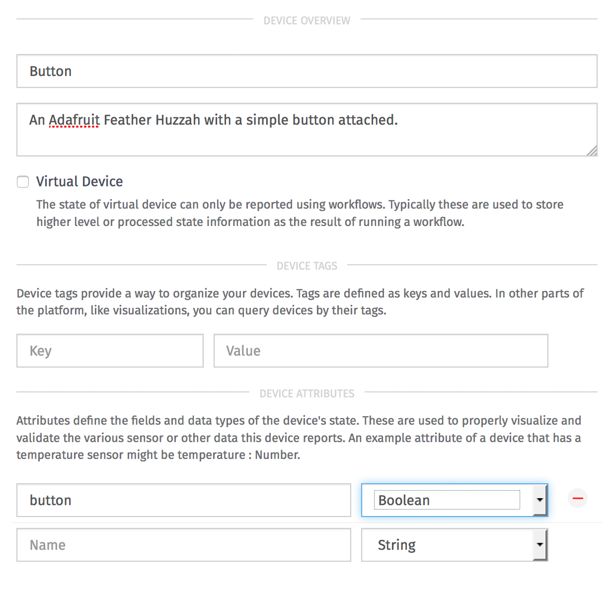 Form within Losant IoT platform that includes the fields of Device Overview, Tags, and Attributes.