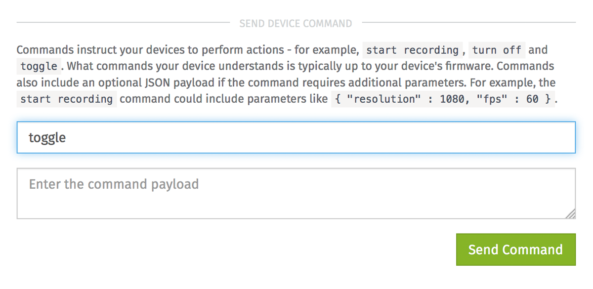 The Send Device Command section of the Device Page in the Losant IoT platform.