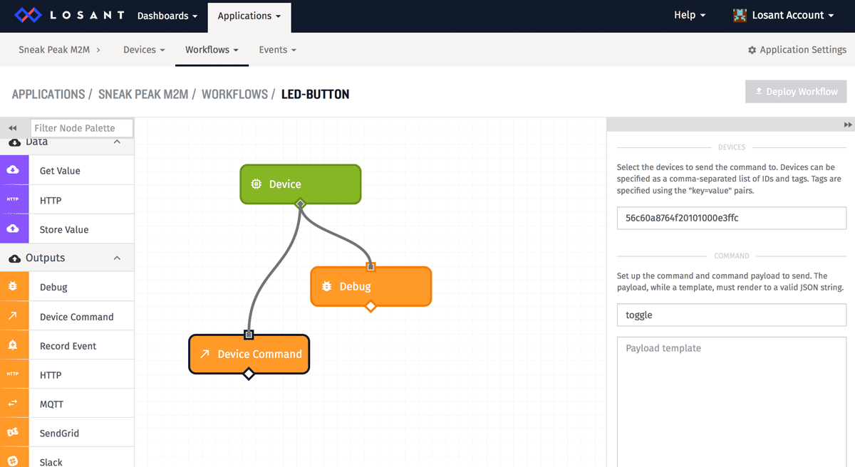 Visual representation of a workflow with a command for an LED-Button in the Losant IoT platform.