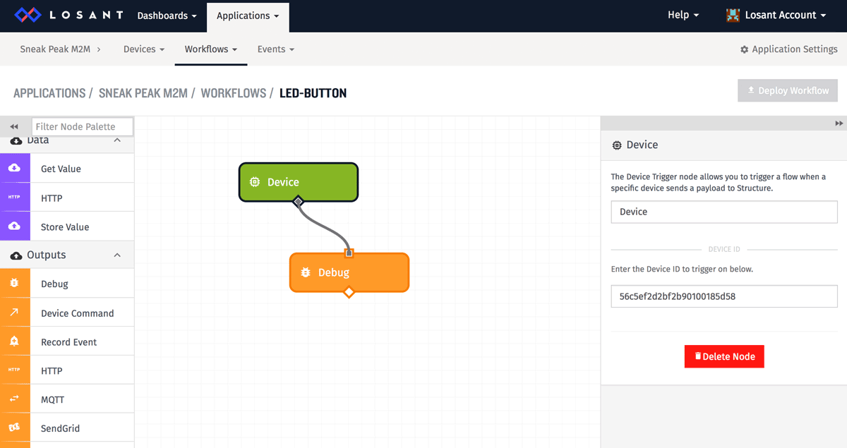 Visual representation of a workflow with a Debug node for an LED-Button in the Losant IoT platform.