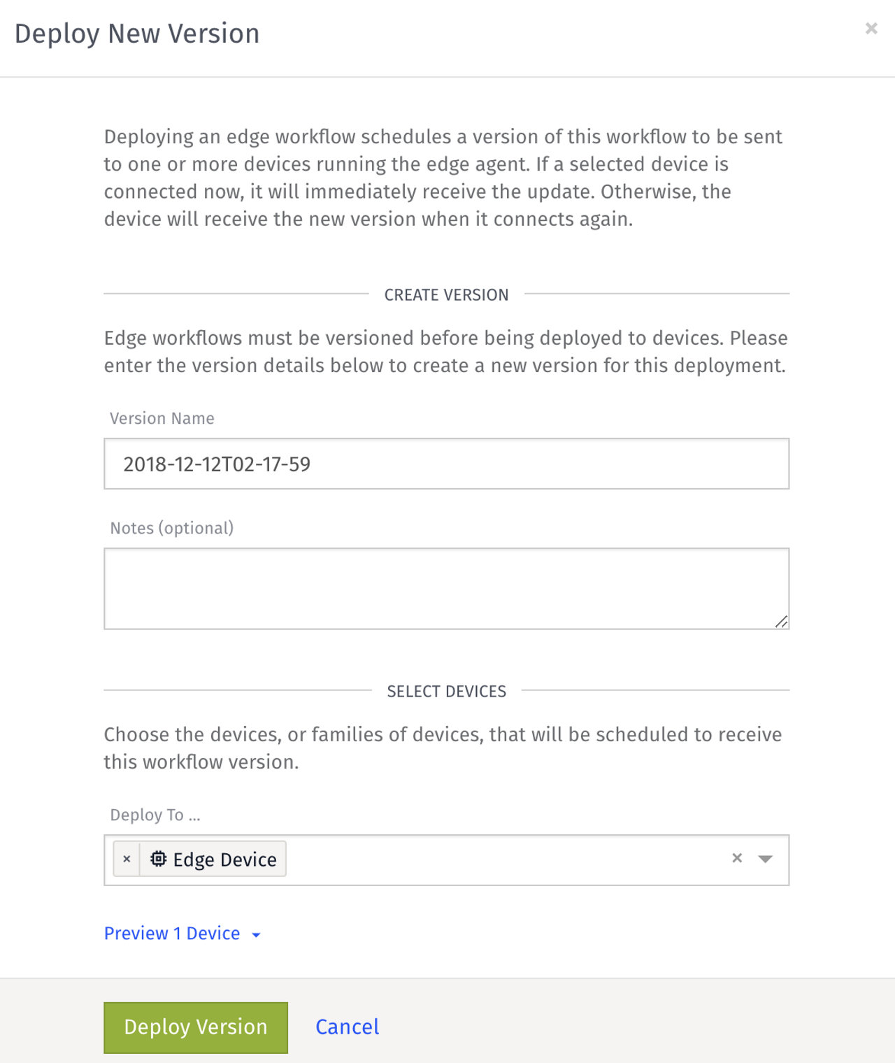 Losant Deploy New Version Screen