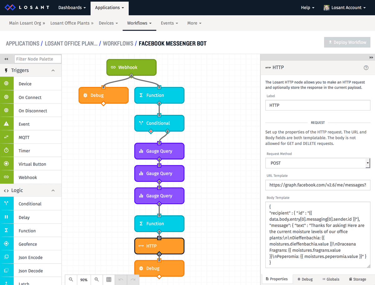 Facebook Messenger Bot workflow in Losant IoT platform.