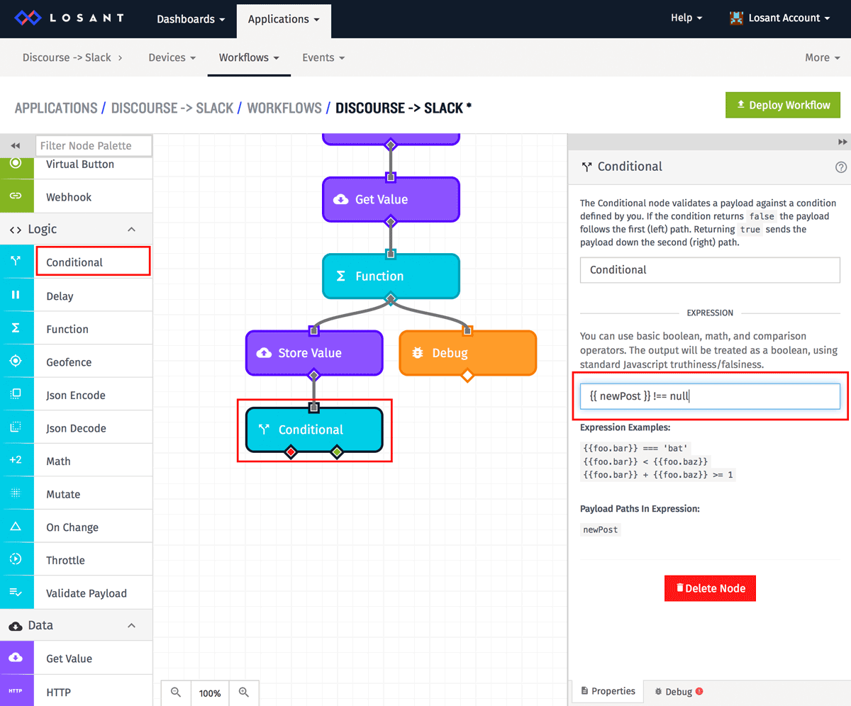 Conditional node in a workflow to connect Discourse to Slack in Losant IoT platform.