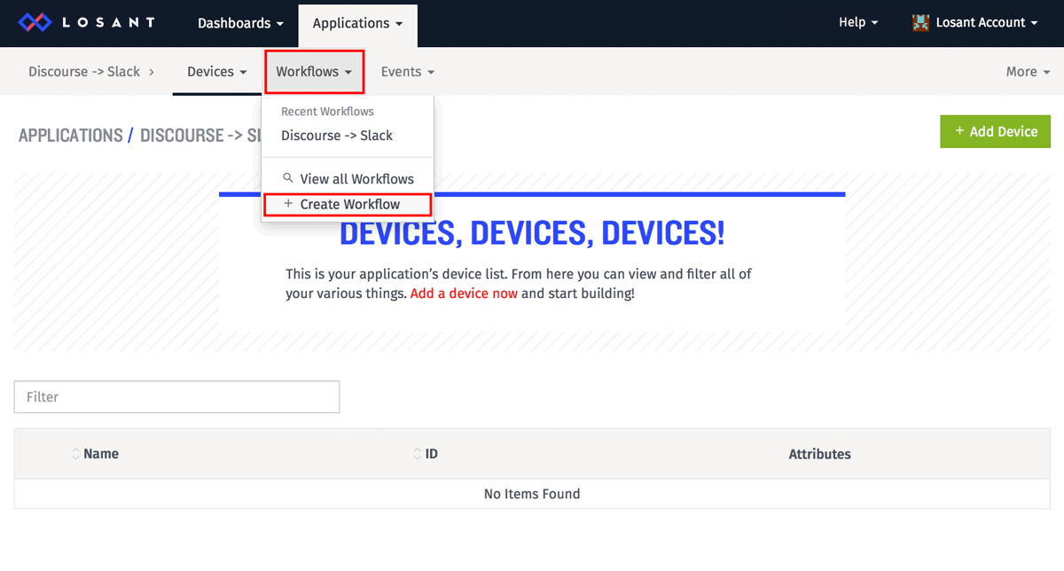 Creating a workflow in the Losant IoT platform.