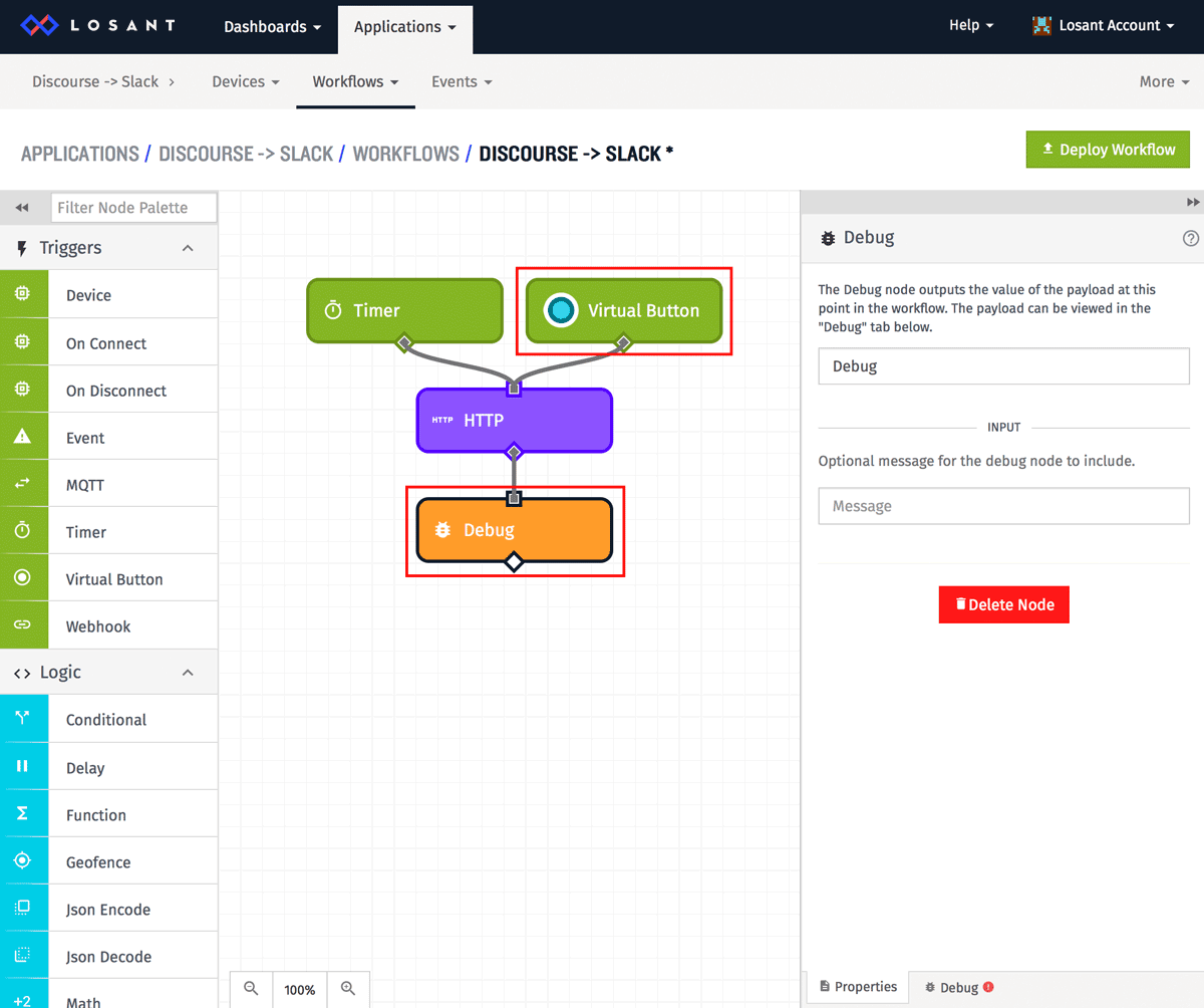 Virtual Button and Debug nodes in a workflow to connect Discourse to Slack in Losant IoT platform.