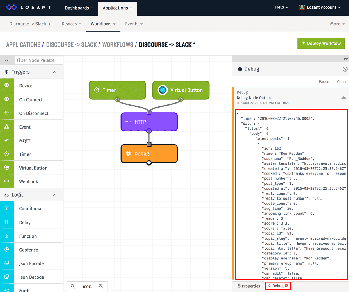 Debug tab with current workflow payload for connecting Discourse to Slack workflow.