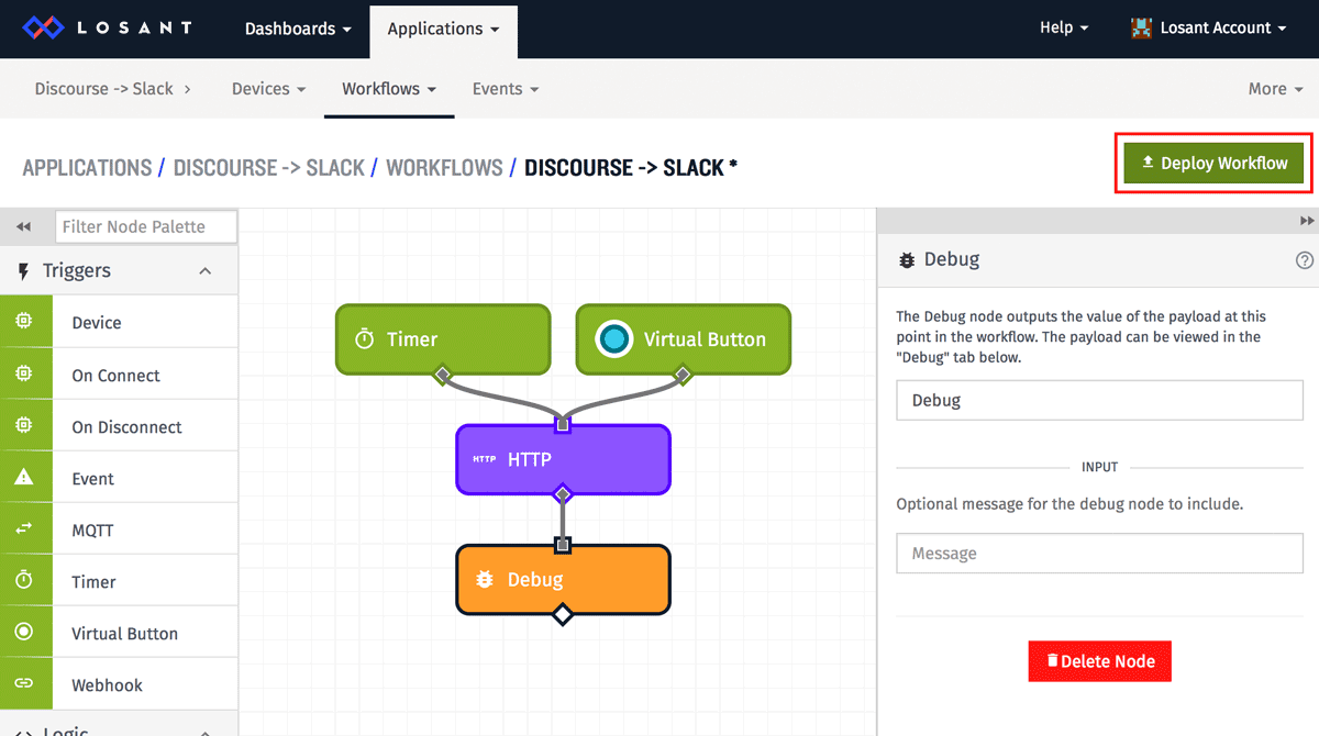 Deploying a workflow to connect Discourse to Slack in Losant IoT platform.
