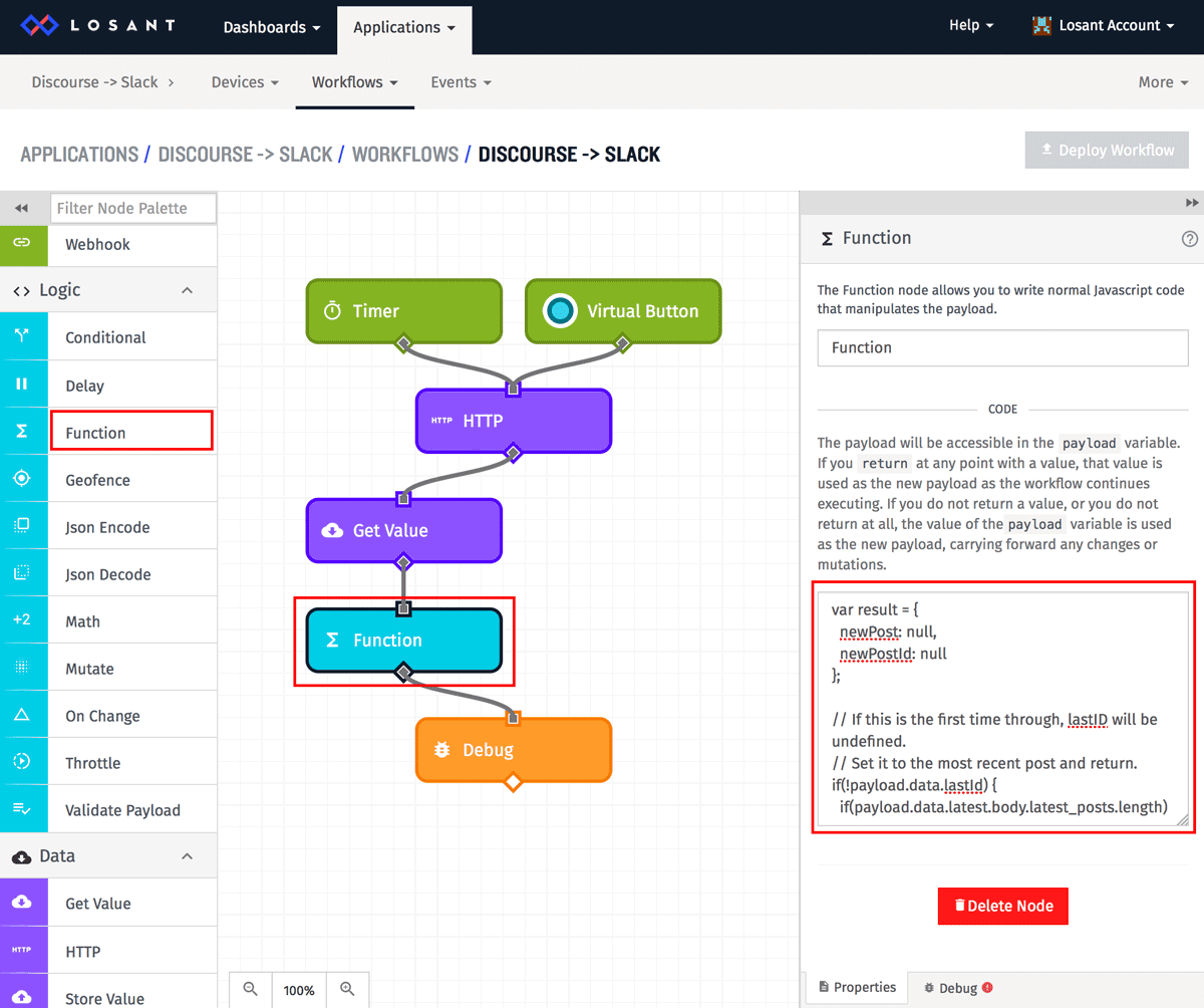 Function node in a workflow to connect Discourse to Slack in Losant IoT platform.