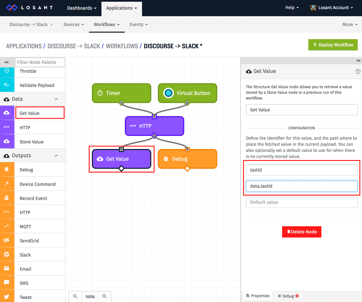 Get Value node in a workflow to connect Discourse to Slack in Losant IoT platform.
