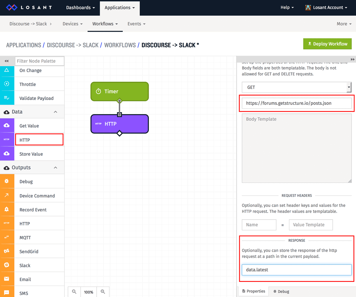 HTTP data node in workflow to connect Discourse to Slack in Losant IoT platform.