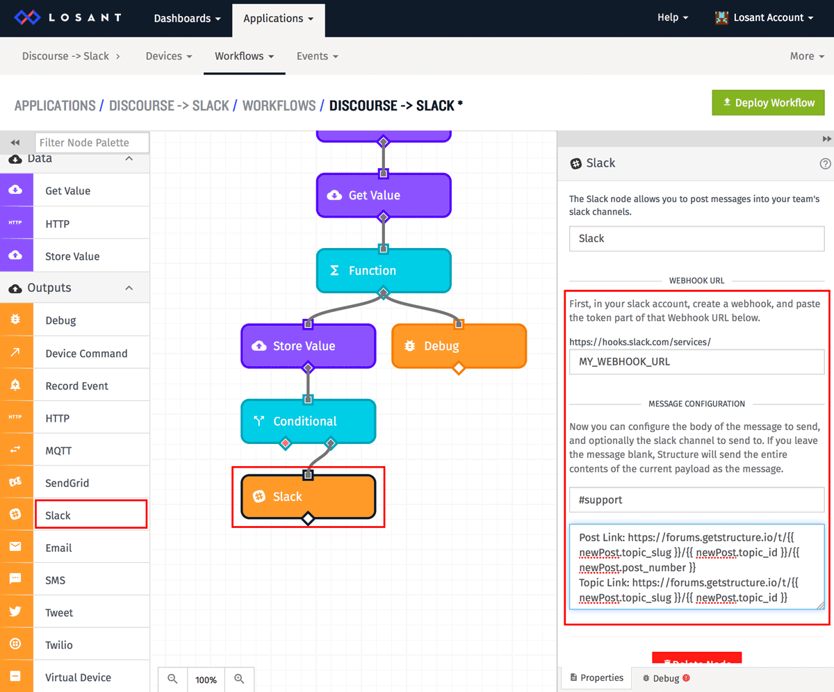 Slack node in a workflow to connect Discourse to Slack in Losant IoT platform.