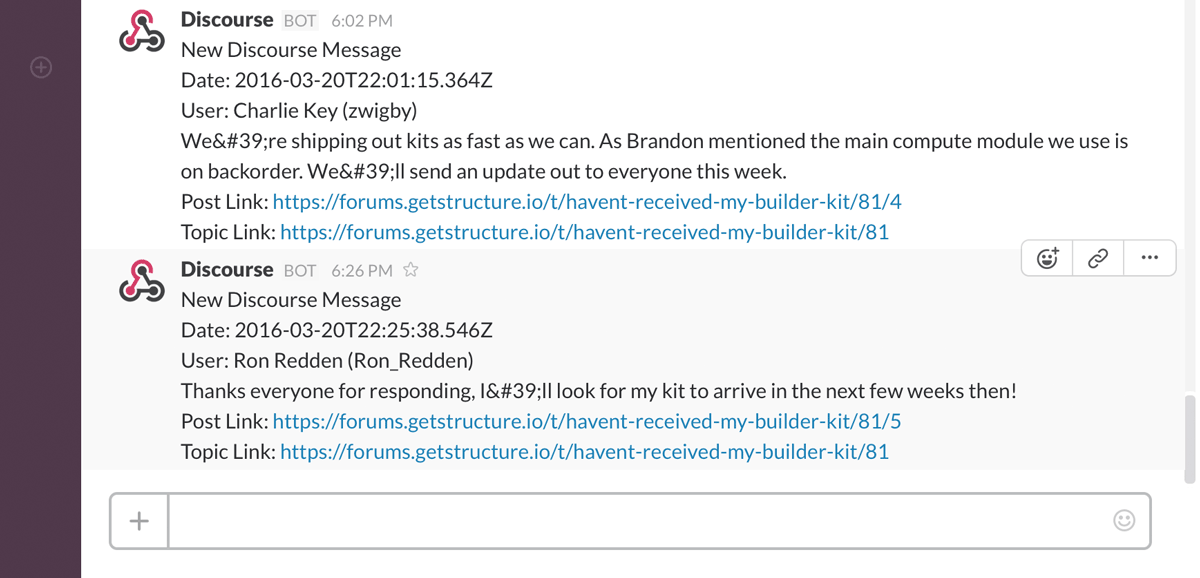 Discourse notifications on Slack for Losant forums.
