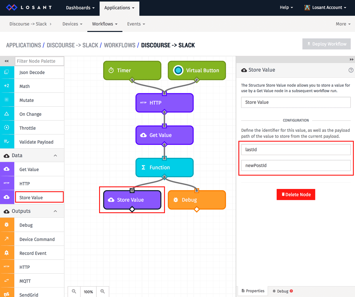 Store Value node in a workflow to connect Discourse to Slack in Losant IoT platform.