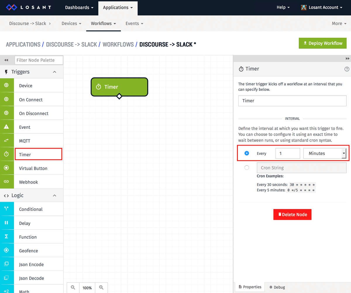 Timer trigger node for workflow to connect Discourse to Slack in Losant IoT platform.